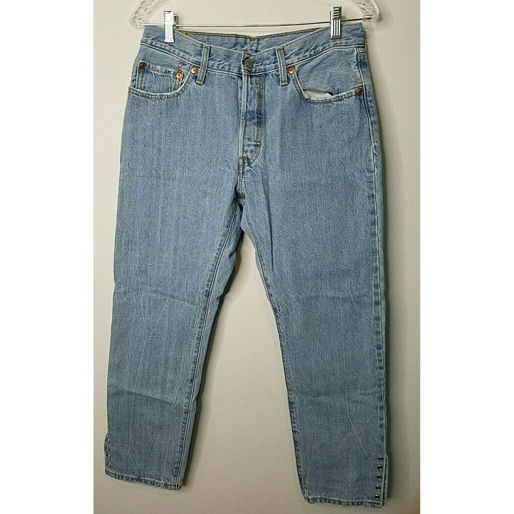 Levi's Womens 501 High‎ Rise Crop Jeans W28 L28 Light Wash Button Fly Split Hem